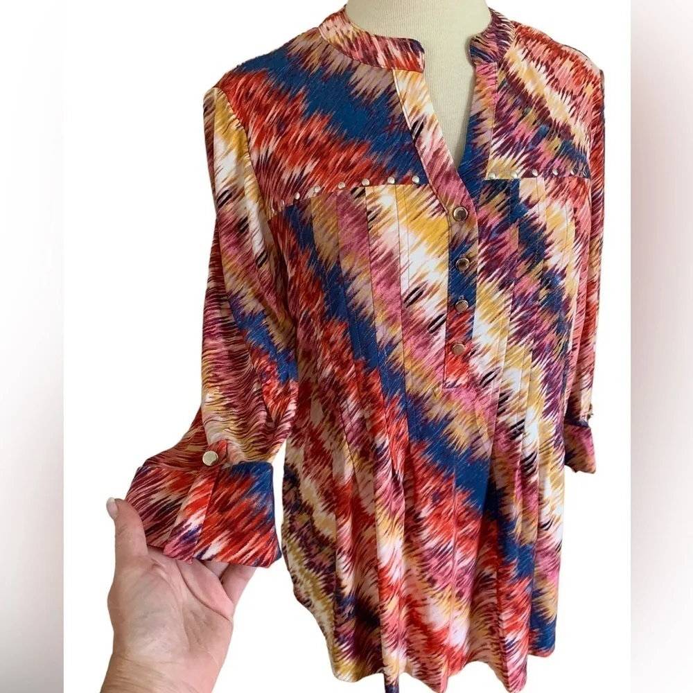 COCOMO XL Red Blue Yellow 3/4 sleeve women’s Pintuck Blouse top shirt tu…